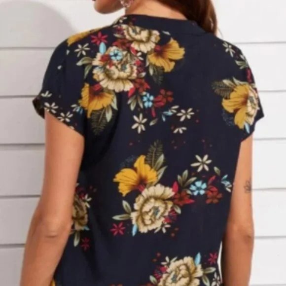 Shein Notched Neck Curved Hem Floral Print Blouse - Picture 4 of 5